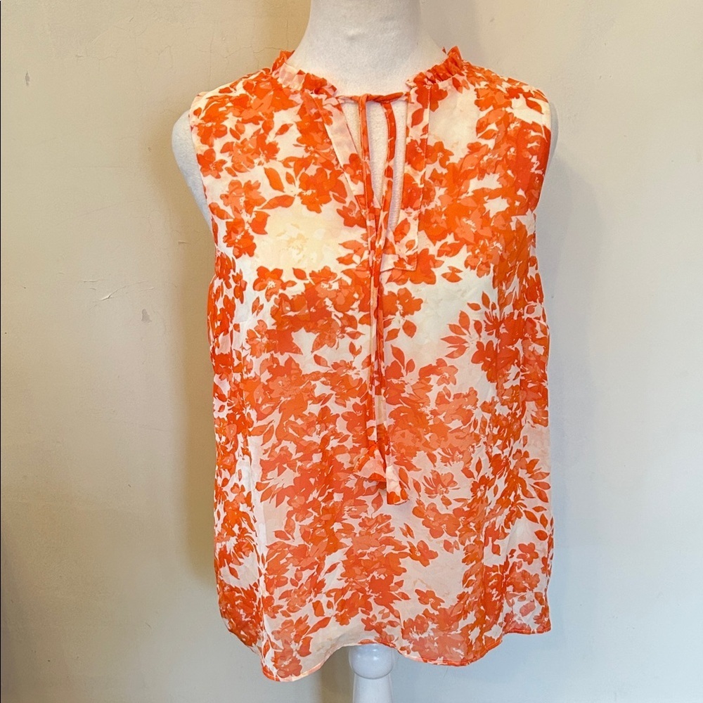 1 State Sleeveless Orange white Floral Tie-Neck Blouse Size M EUC